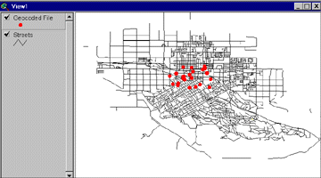 ArcView 3.x screenshot showing red dots for the geocoded points and black lines for streets.