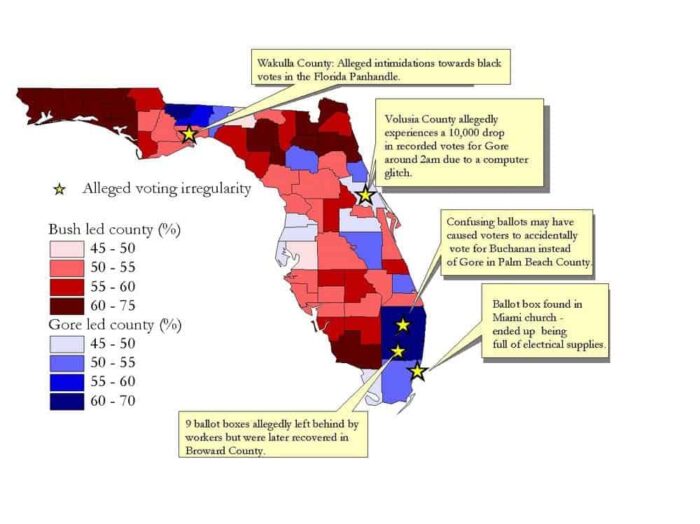A blue and red gradient map showing the breakdown of votes in the 2000 U.S. presidential election.