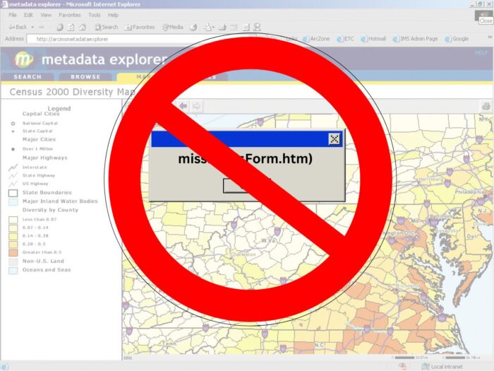 A faded web map with a circle with a red line over a computer popup message.