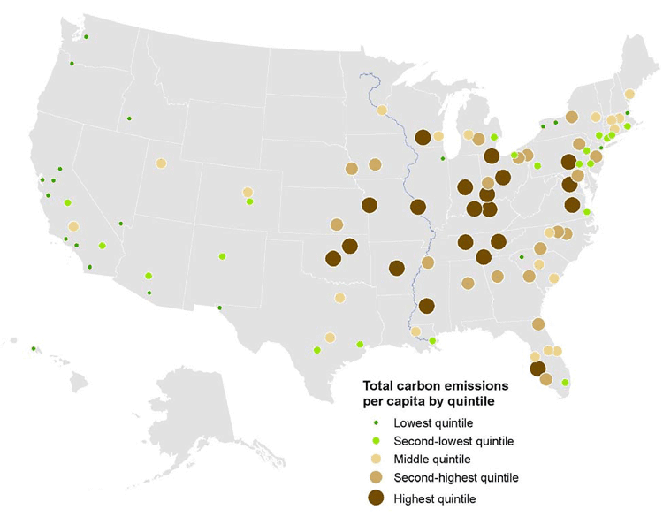 Per capita carbon emissions from transportation and residential energy use, 2005 (metric tons). Map: Brookings.