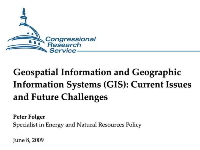 The cover of a report entitled "Geospatial Information and Geographic Information Systems (GIS): Current Issues and Future Challenges" with an outline of the D.C. capitol building.