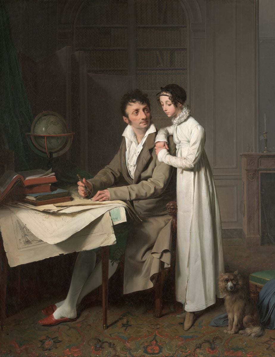 A picture of a fine art painting showing a man sitting down at his desk wearing a tan suit and his daughter standing next to him in a white dress.