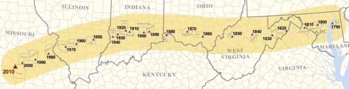 A cropped map showing the centers of population for the United States from 1790 - 2010.