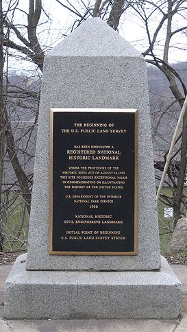 Beginning_Point_of_the_U.S._Public_Land_Survey_front A monument marking the site known as the Beginning Point of the U.S. Public Land Survey which served as the basis for the entire Public Land Survey System