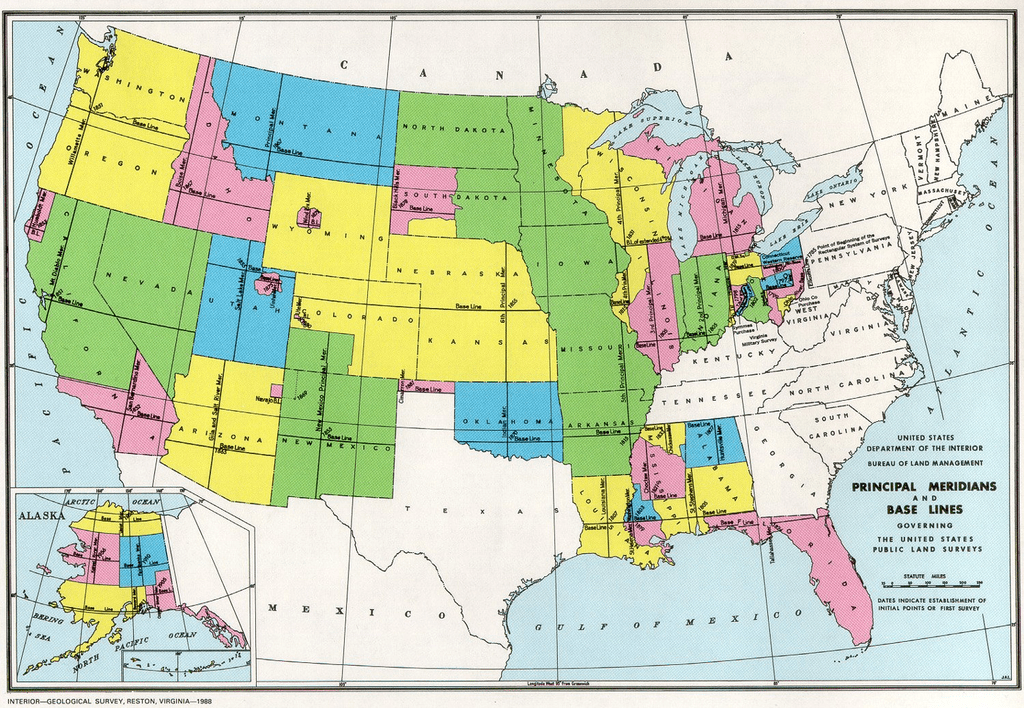 Meridians-baselines Map showing the principle meridians and baselines. Created by the Bureau of Land Management, 1988. Click on map image for larger map.