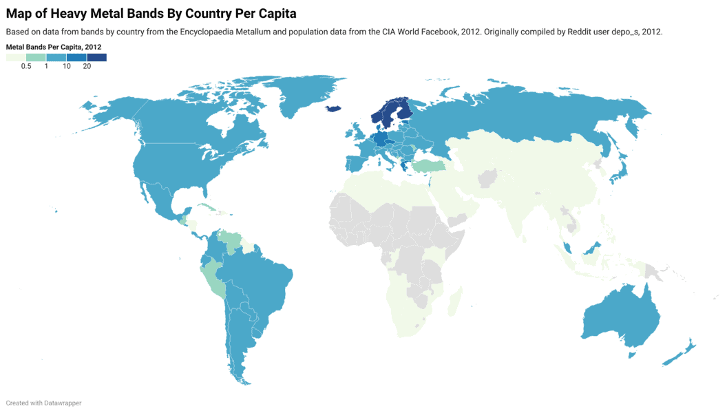 Map of heavy metal bands by country Per Capita.
