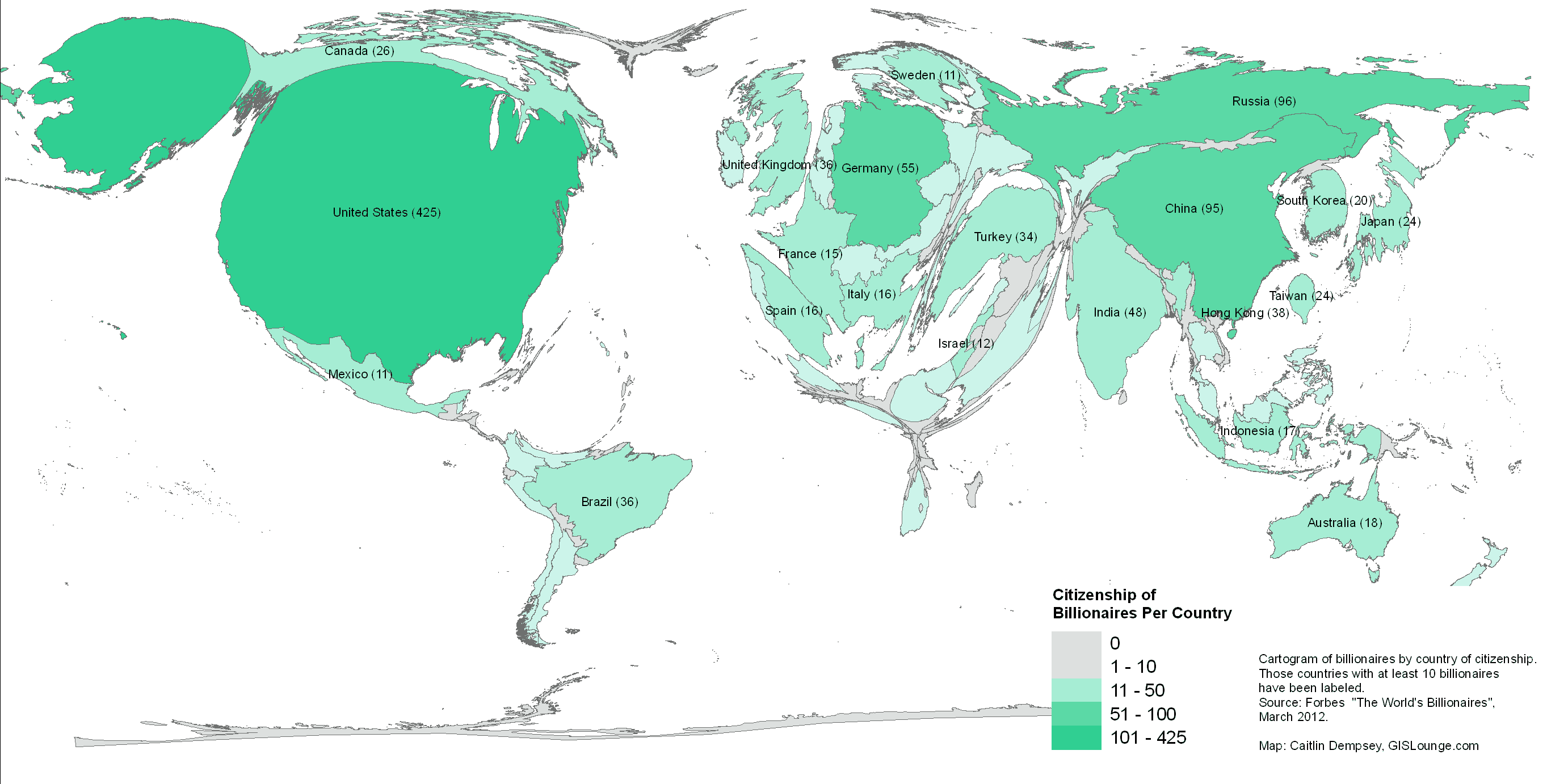 bilcartocitizen Cartogram map of the distribution of billionaires based on citizenship. Those countries with more than ten billionaires as citizens have been labeled with the total number in parentheses. Click on image for larger map.