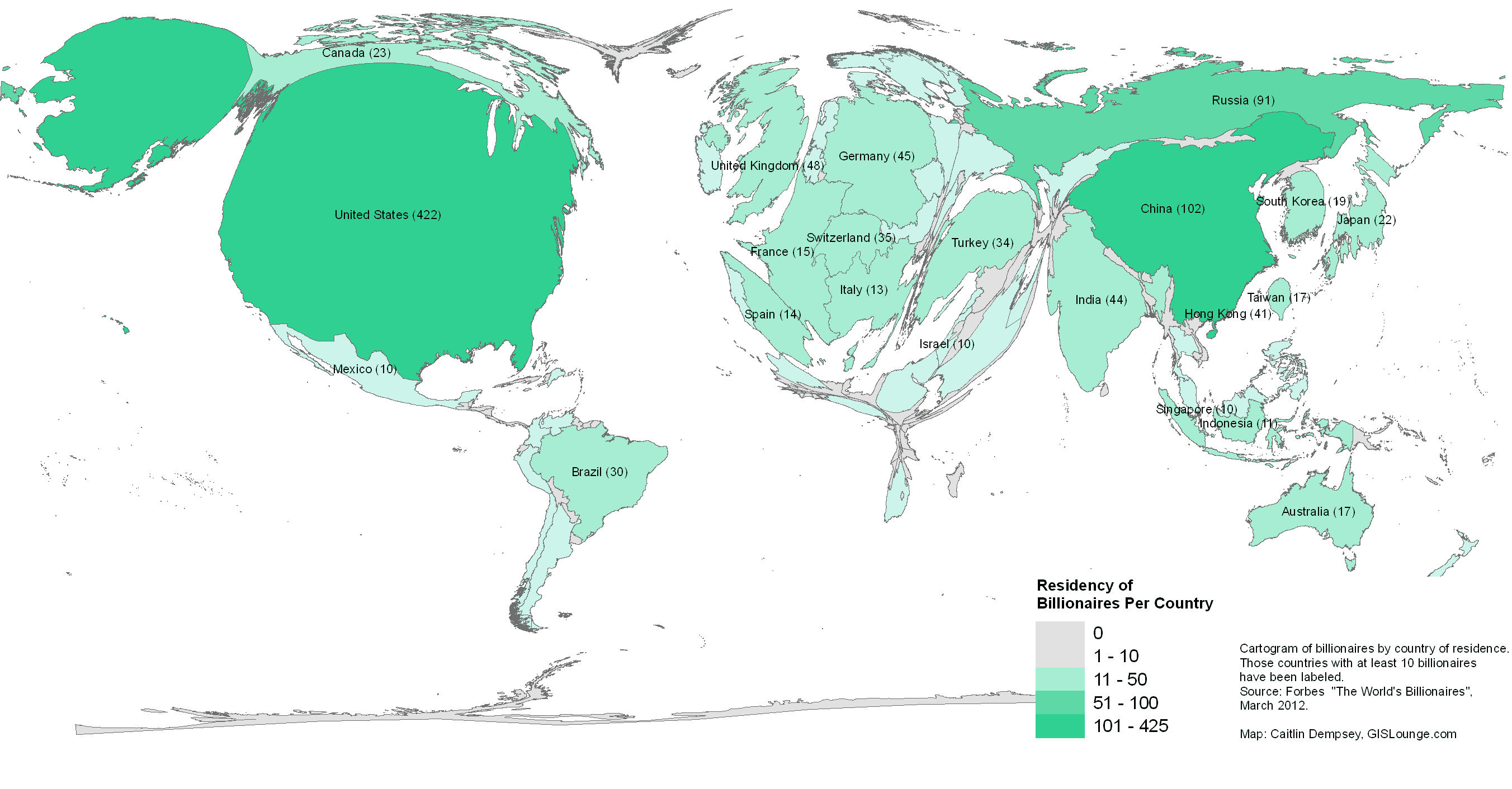 bilcartoresident Cartogram map showing the global distribution of where billionaires live. Click on image for larger map.