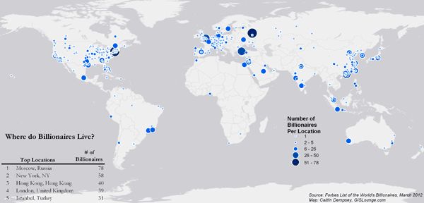 billionglobalsmall Map of Where Billionaires Live. Source: Forbes, March 2012.