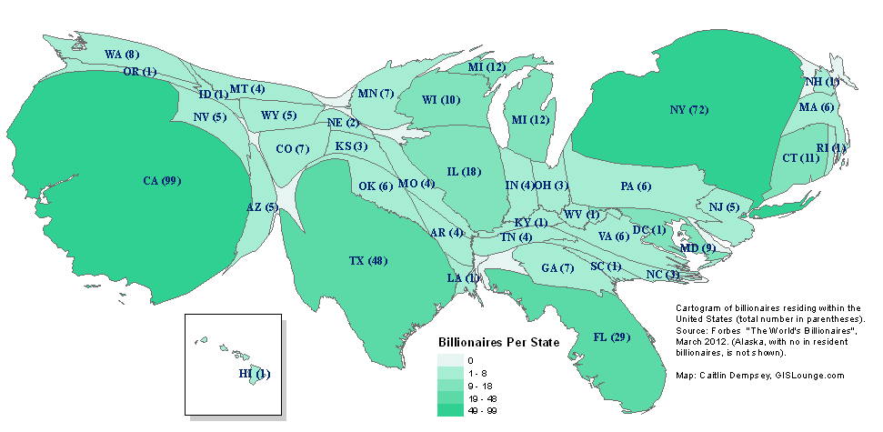 bilstates Cartogram map showing the number of billionaires in residence by state within the United States. Click on image for a larger map.