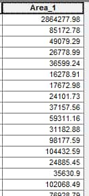 Screenshot showing the calculated values for area in a column.