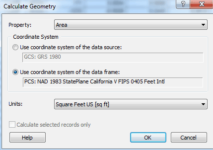 Screenshot showing the settings for calculate geometry in ArcMap.