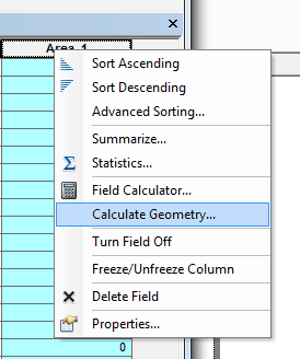 Screenshot showing the "calculate geometry" menu item in ArcMap.