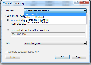 Screenshot showing the calculate geometry interface in ArcMap.