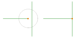 The circle represents the area of the snap tolerance. The line being digitized will automatically snap to the nearest nodes within the snap tolerance area.