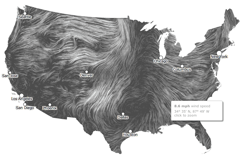 Dynamic Wind Map by Fernanda Viégas and Martin Wattenberg of the site Hint.FM