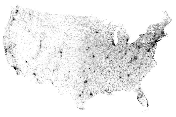 A black and white dot map showing ZIP codes in the continental United States.