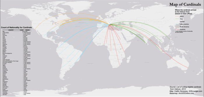World map with radial lines showing where each cardinal arrived from.
