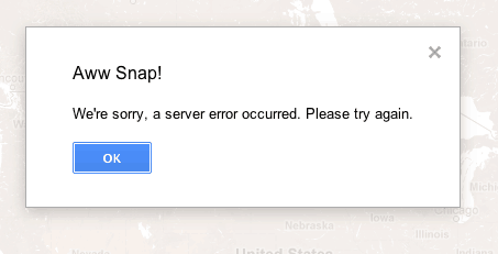 Screenshot from Google Maps showing "Aww snap!"