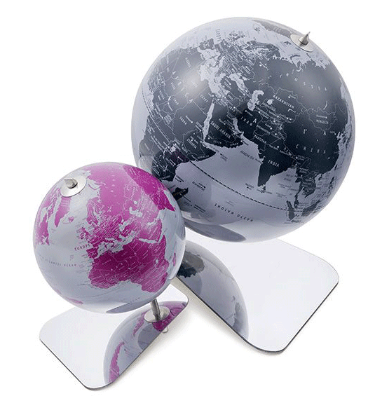 A picture of two globes, a larger globe in dark blue, and a smaller globe in magenta.