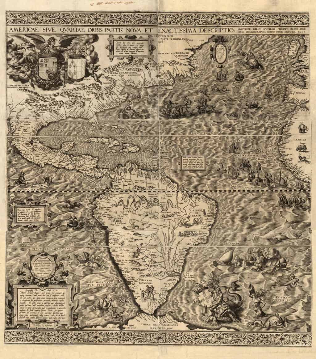Black and Tan map made in the 16th century showing the Western Hemisphere.