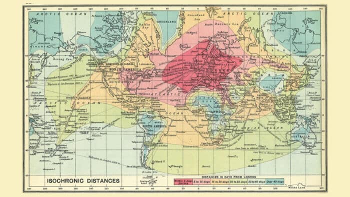 1914 isochronic map showing travel times around the world by John G. Bartholomew, "An Atlas of Economic Geography".