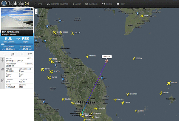 FlightRadar24, a real-time flight tracking app, shows a map of the last known location from its database of Malaysian flight 370.