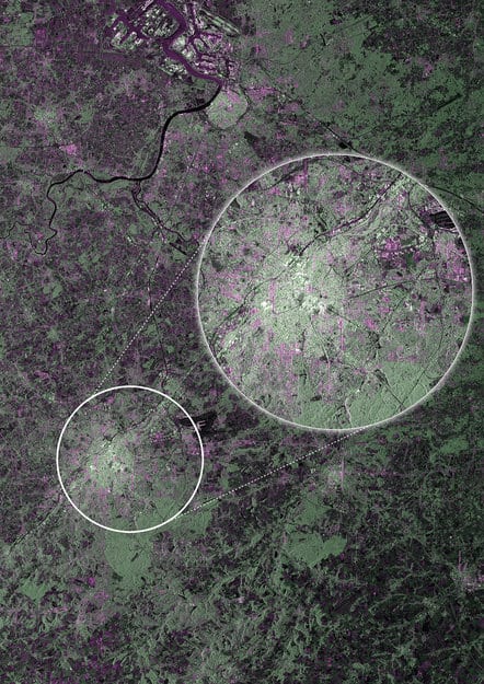Acquired on 12 April 2014 at 17:18 GMT (19:18 CEST), just nine days after launch, this first image from Sentinel-1A captures Brussels and surrounds in Belgium. It was acquired in the satellite’s ‘strip map’ mode, which has a swath width of 80 km, and in dual polarisation. The image also shows a more detailed view of the city in the ‘zoom in’. Antwerp harbour is also visible in the top left. The green colours correspond to vegetation, red–blue to urban areas, white to high-density urban areas and black to waterways and low-reflective areas such as airport runways. Source: ESA.