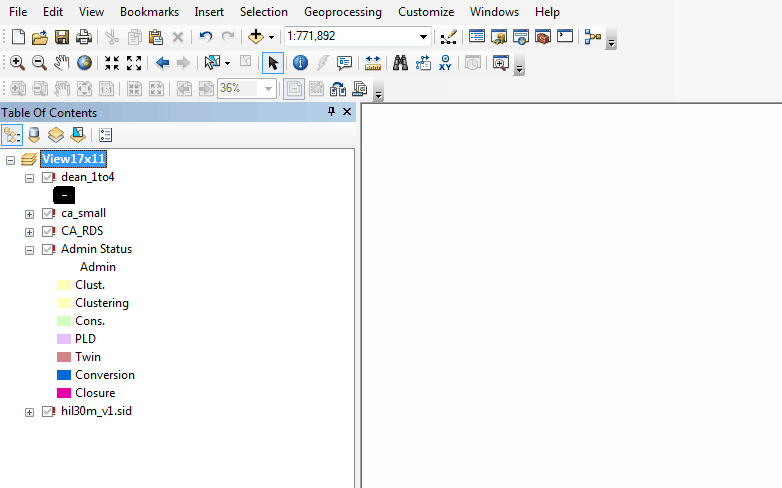 When ArcMap is unable to load GIS data, a red exclamation mark is listed next to each missing layer.
