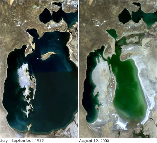 Satellite imagery showing how much the Aral Sea shrank between 1989 and 2003. Image: NASA