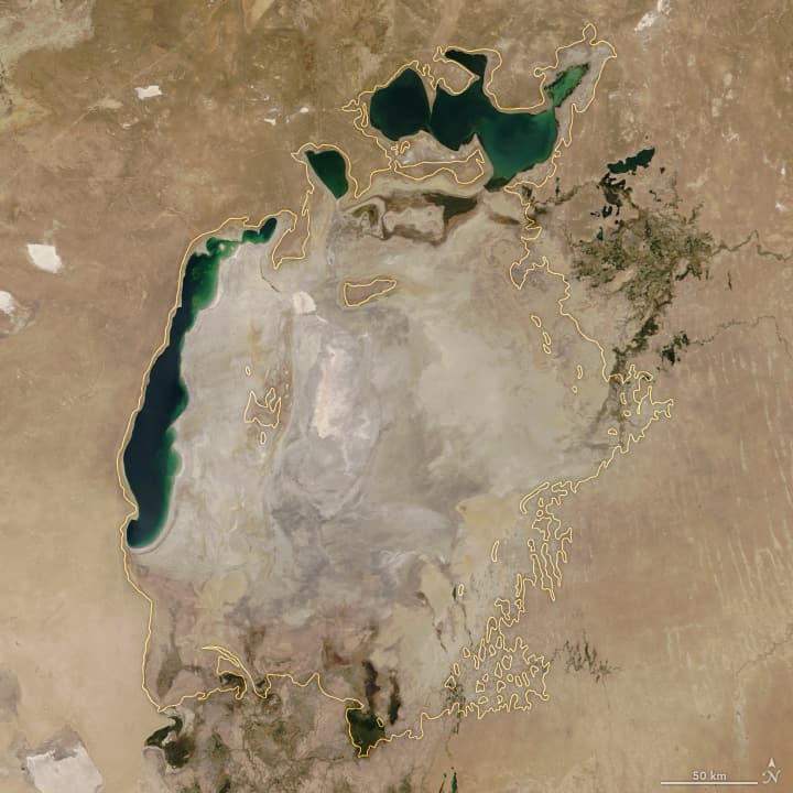 This image from August 19, 2014 shows how much the Aral Sea has shrunk compared to the approximate 1960 shoreline (yellow boundary). Image: NASA