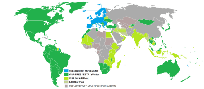 Map showing countries whose passport holders can easily travel with.