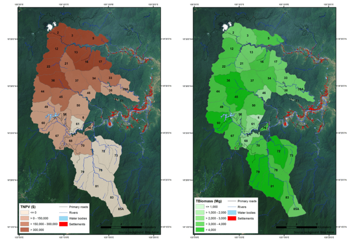 Information on land cover, market values and forest management was used as input to a managed timber production model and applied to the Huong Son forest concession. The left image displays the total net present value (TNPV) of the forecasted timber extraction until 2045 (based on average values); the darker the area, the greater the value. The image on the right image displays the total biomass foreseen to be extracted by the forest operations within each parcel; the darker green the more biomass. Numbers correspond to the parcels listed in the forest management plan of the Huong Son Company. Source: ESA/GeoVille
