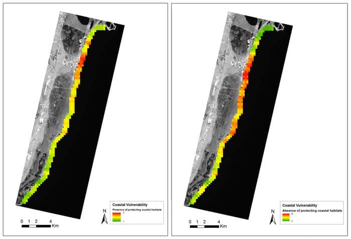 The coastline of Mexico’s Yucatan peninsula is susceptible to wave erosion, but the coral reef and sea grass beds protect the coastline. The importance of this ecosystem service was assessed using wave energy and coastal erosion information. The Earth observation-derived data on benthic habitats and depths were compared to a scenario without these habitats. The map displays coastal vulnerability in the absence (right) and presence (left) of marine vegetation and coral reefs. Red marks high vulnerability and green low. Source: ESA/GeoVille