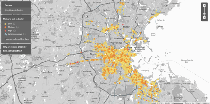 Detected methane leaks in the city of Boston.