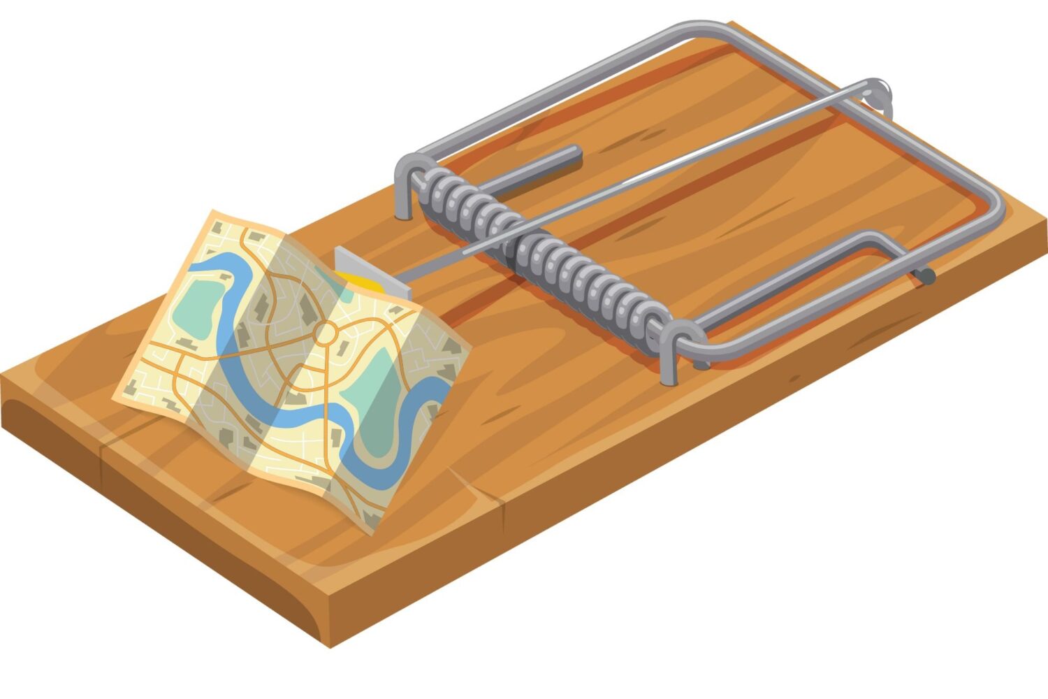 A mouse trap with metal springs and a dark wooden board with a semi-folded map instead of cheese.