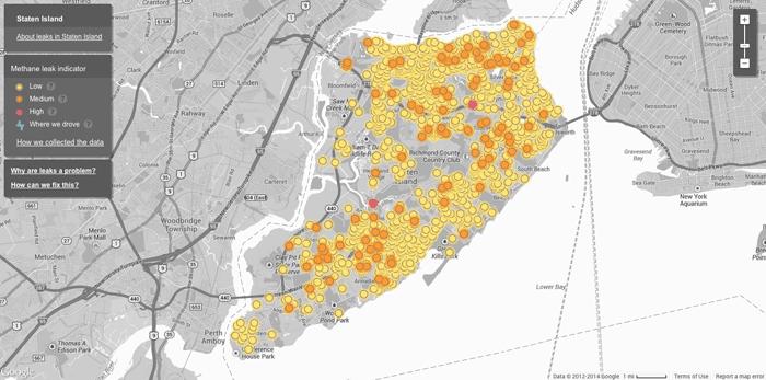 Detected methane leaks in the city of Staten Island.