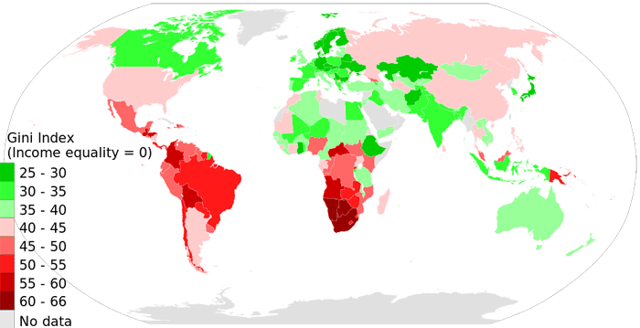 The map shows the Gini Index of income worldwide.  Data Source: Table 2.9 of World Development Indicators: Distribution of income or consumption The World Bank (2014). Map: M. Tracy Hunter, CC BY 3.0, MediaWiki Commons