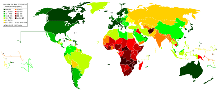 UN World Population Prospects - The 2006 Revision: 2005-2010 Life Expectancy at birth (years). Map: Panagiotis V. Lazaridis, CC BY 3.0, MediaWiki Commons.  