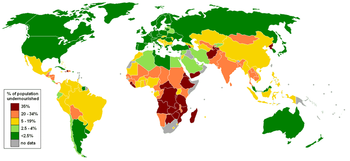 Map of countries by percentage of population suffering from undernourishment