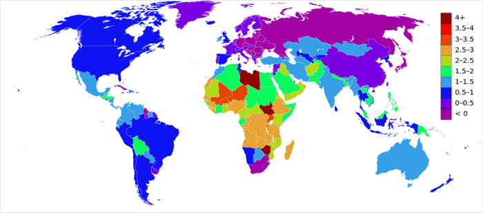 Map of world population growth by country. Source: CIA 2013 estimates.