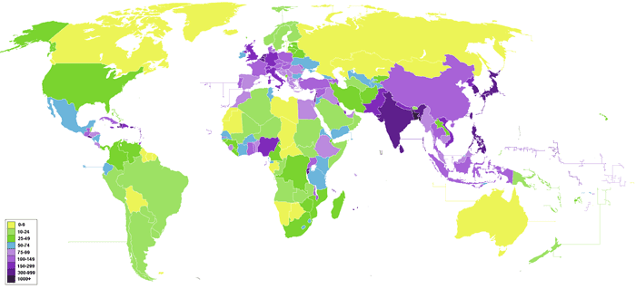 Population density (people per km2) by country.