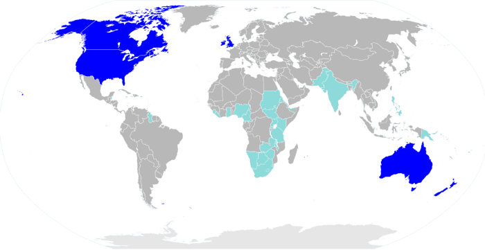 Map of nations using English as a de facto or official majority language (dark blue) or an official minority language (light blue)