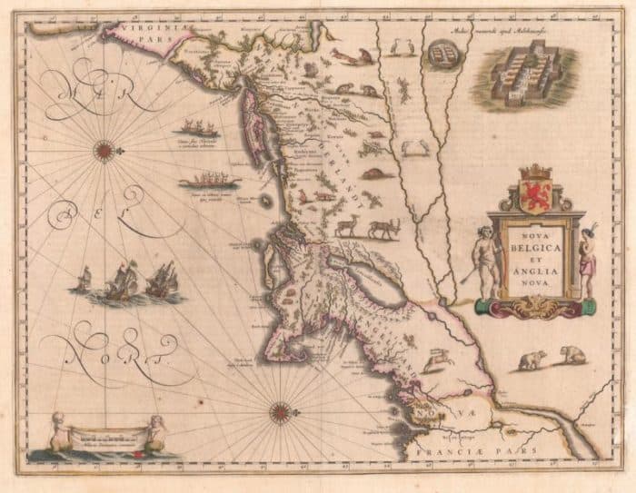 A map of New Netherlands and New England created by Dutch cartographer Willem Blaeu has a west orientation, 1635.