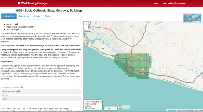 OpenStreetMap Tasking Manager for Ebola Mapping.