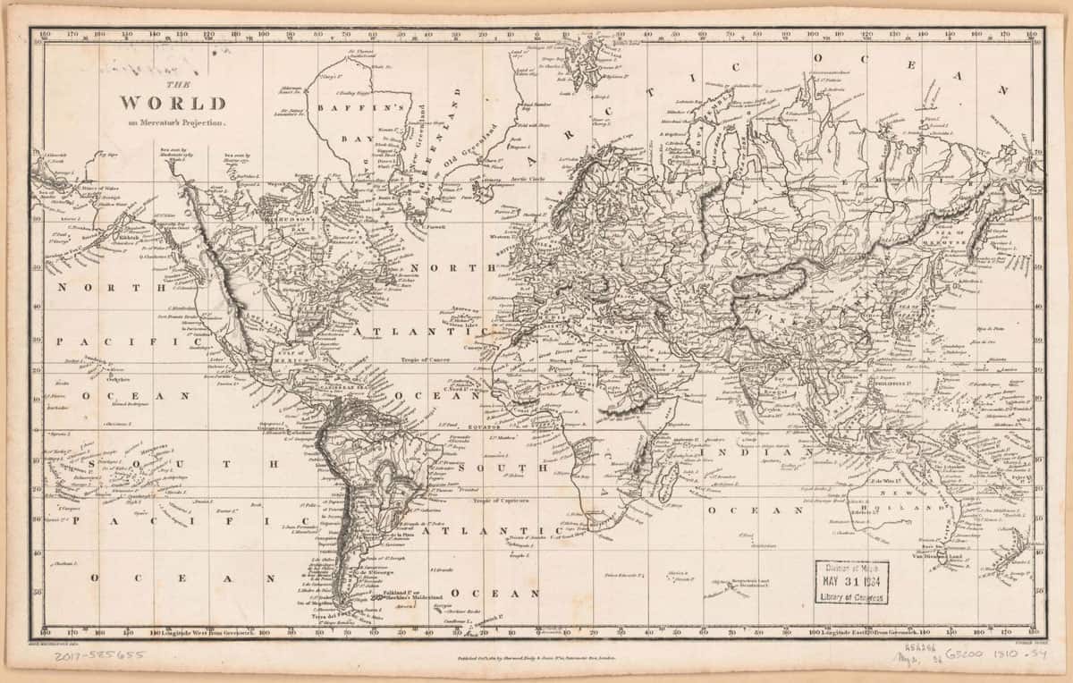 "The world on Mercator's projection" by Sherwood, Neely, and Jones, 1810.  Via Library of Congress.