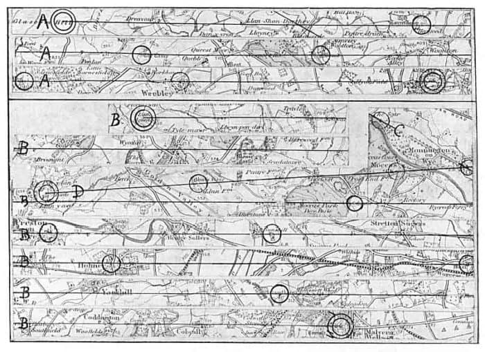 Alfred Watkins' map of two putative ley lines. Image: public domain, MediaWiki commons.
