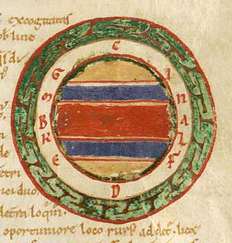 The five climes of the Earth. Frozen climes in yellow; Temperate climes in blue; Torrid clime in red. From from a 12th-century manuscript of Macrobius' Commentarii in Somnium Scipionis.