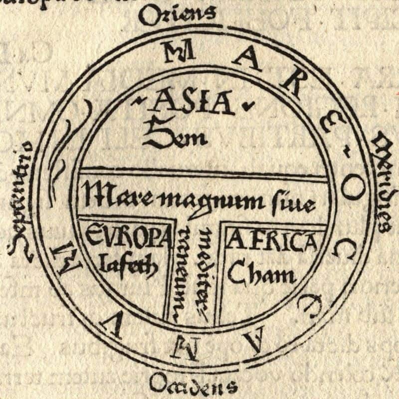Earliest printed example of a classical T and O map (by Günther Zainer, Augsburg, 1472), illustrating the first page of chapter XIV of the Etymologiae of Isidore of Seville. It shows the continents as domains of the sons of Noah: Sem (Shem), Iafeth (Japheth) and Cham (Ham).