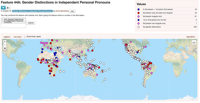 A screenshot of a mapping application of where pronouns exist in that language.